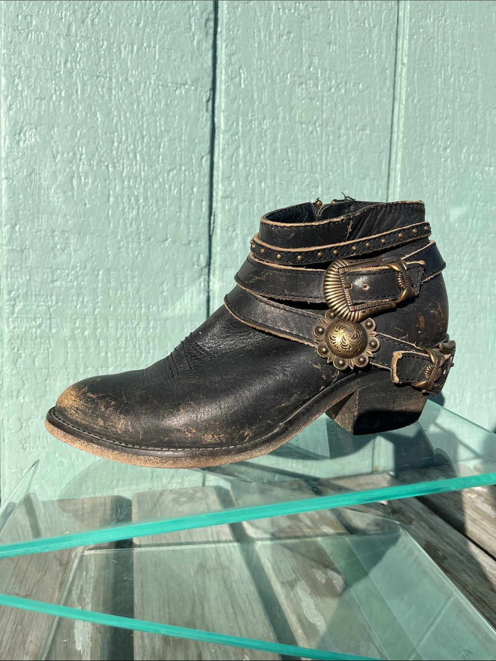 Corral distressed Ankle Boot with Decorative Buckle Straps Circle G